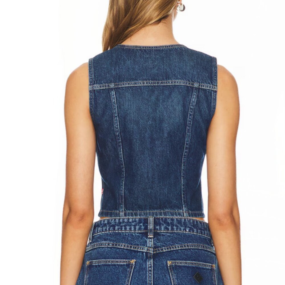 Levis Bella Denim Corset Vest Slim Fit Dark Side Scrape Size XL NWT - Picture 2 of 11